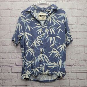 Vintage Silk Linen‎ Blend Hawaiian Button Shirt M Blue Casual Travel Resortwear